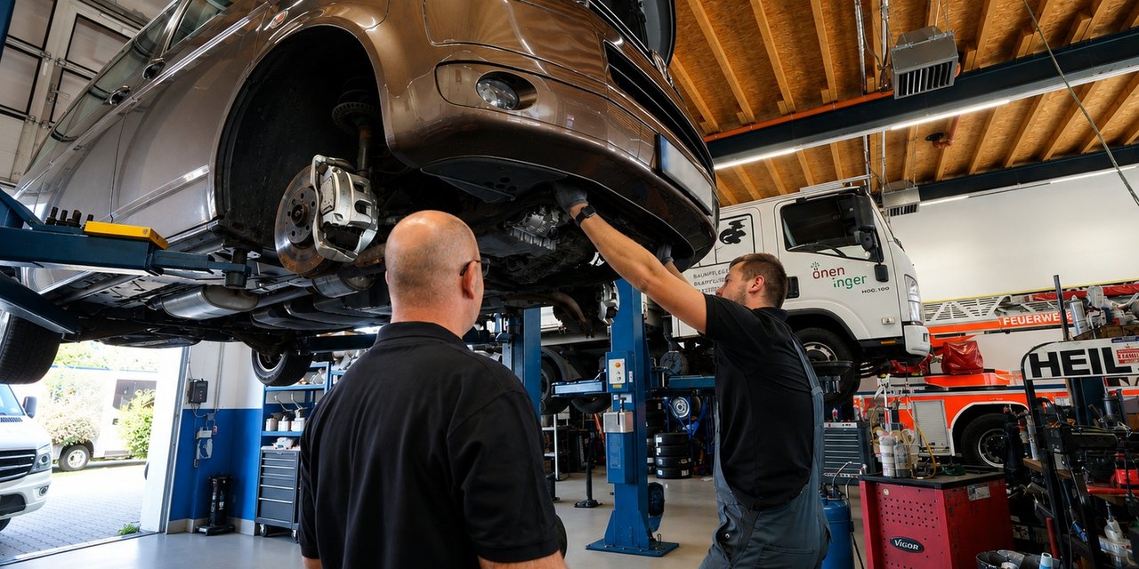 Mechaniker bei der Arbeit in der Werkstatt von Heil Automobile