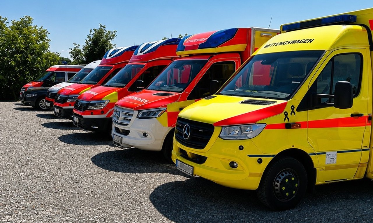 Reihe von fünf Rettungswagen auf dem Hof von Heil Automobile