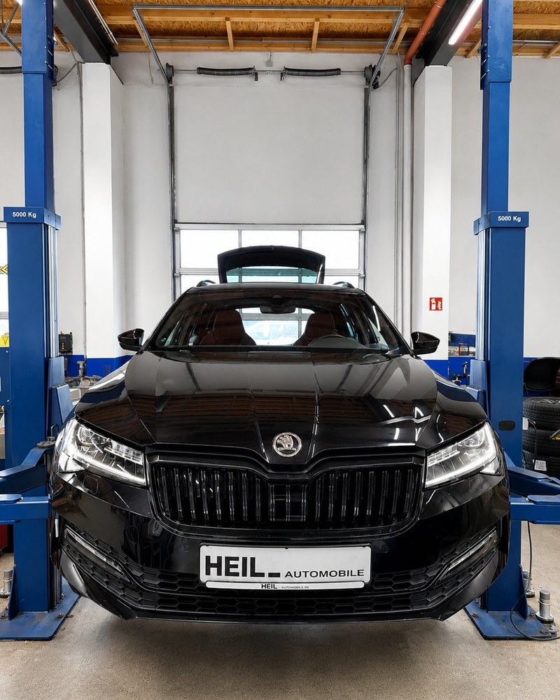 Skoda auf der Hebebühne in der Werkstatt von Heil Automobile